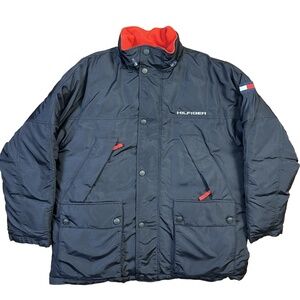 Tommy Hilfiger Black 90s Vintage Puffer Button Down Parka Jacket